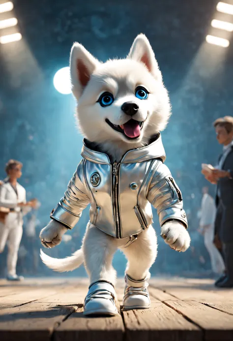 （A husky puppy in a white hat jacket walks down the runway）, （A husky puppy in a white hat jacket：1.37）, （Wearing white pants：1.37），（Human dog hybrids）,, highly fashionable, （Anthropomorphic dogs：1.1）doggy!!!!!,, Funny dog, ,((Wearing cool sunglasses：1.3))...
