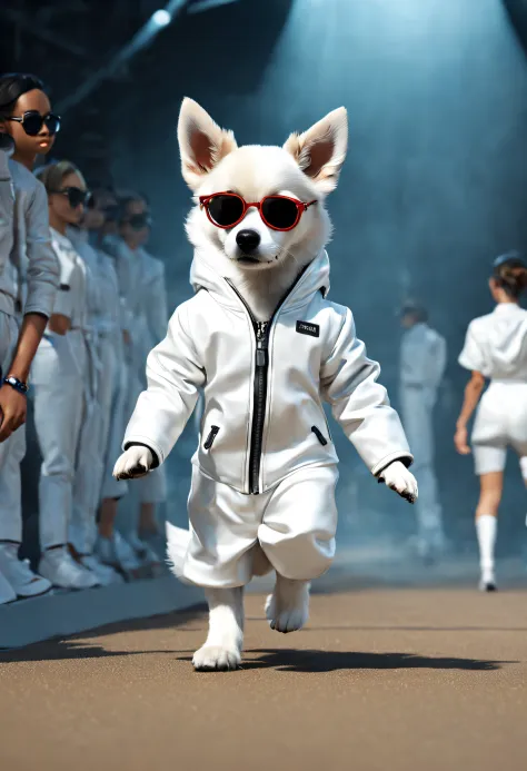 （A little boy dressed in white walks down the catwalk）, （The little boy holds the dog：1.37）, （in white jacket：1.37），（Human dog hybrids）,, highly fashionable, （Anthropomorphic dogs：1.1）Doggy, Wearing track suit, Funny dog, （Anthropomorphic dog white transpa...