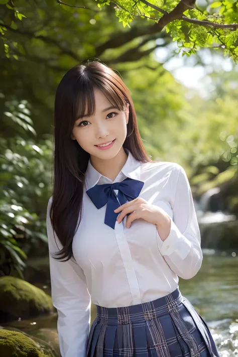 (1 schoolgirl,The cutest face,The biggest smile staring at the camera,Shot from up close,Shot from the waist up,A detailed face,Take a photo from close to your face,japanese hight school uniform,Perfect face,Perfect makeup,Breasts are big,In a fantastic an...