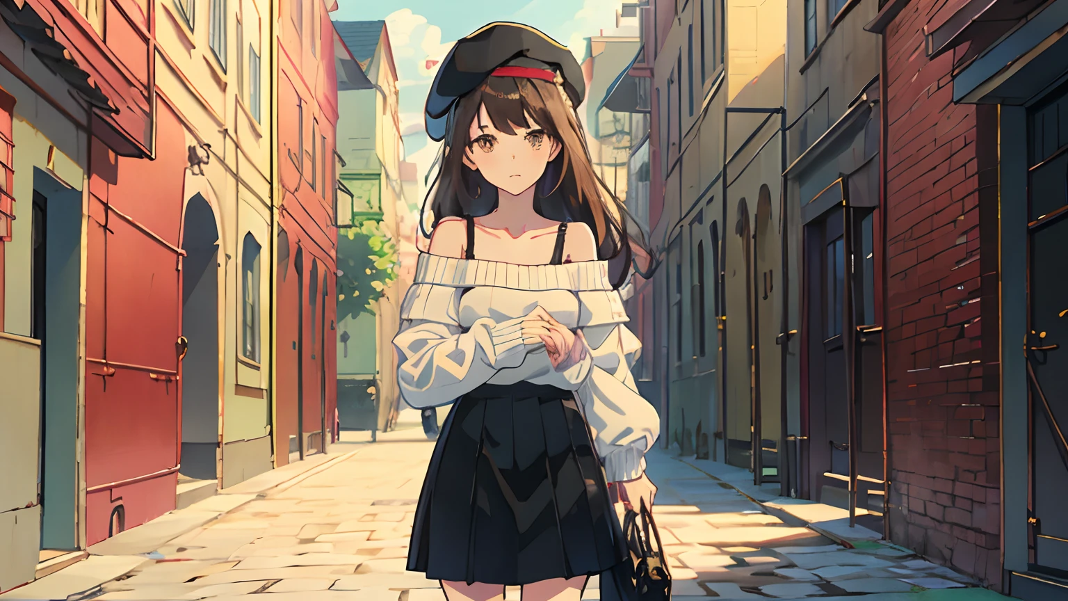 masterpiece,best quality,

1girl, bag, upper body, street, bangs, bare_shoulders,beret,black_footwear,

black headwear, brown_eyes, brown_hair, closed_mouth, handbag,hat, holding,long_hair, 3

long_sleeves,looking at_viewer,off_shoulder, shoes, skirt, sleeves past_wrists, socks, solo,sweater,white_legwear