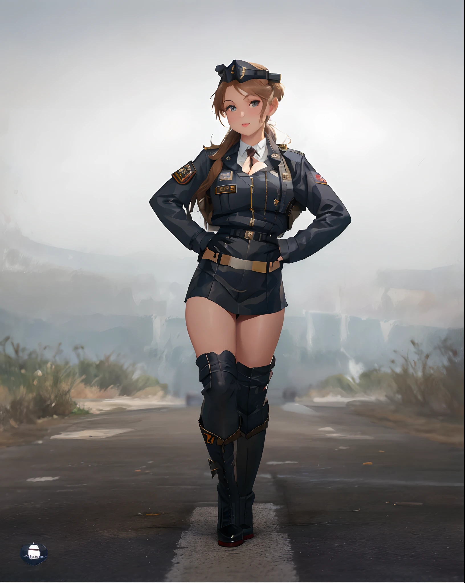 arafed woman in a military uniform posing for a picture, pilot girl, cute pilot girl, pin up, absolutely outstanding image, pilot outfit, pin-up, pin - up, officer, pin up girl, 70's jetfighter pilot girl, in black uniform, pinup, military girl, outfit: cop, pin-up poster girl, pinup girl