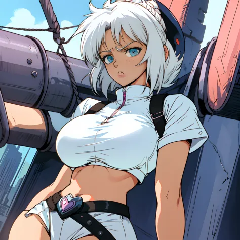 dutch angle, cowboy shot, 1girl as female badass with ropes and armor, torso shot,  over-sized breast, white hair, front view, shortstackBT, looking at viewer, in HNKstyle, 80's anime