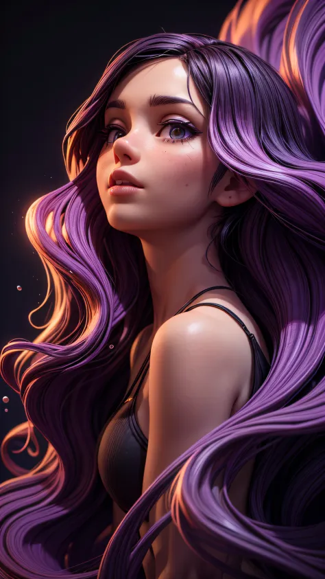 professional 3d model A beautiful girl is surrounded by colorful paint, purple hair, liquid wave, Layered style, soft curved, bl...
