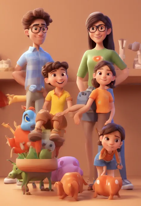 Estilo Pixar: Familia, Um pai, A mother and two girls. Uma menino de 6 anos e outro de 2 anos . Uma fazenda com vacas lindas e marrom .