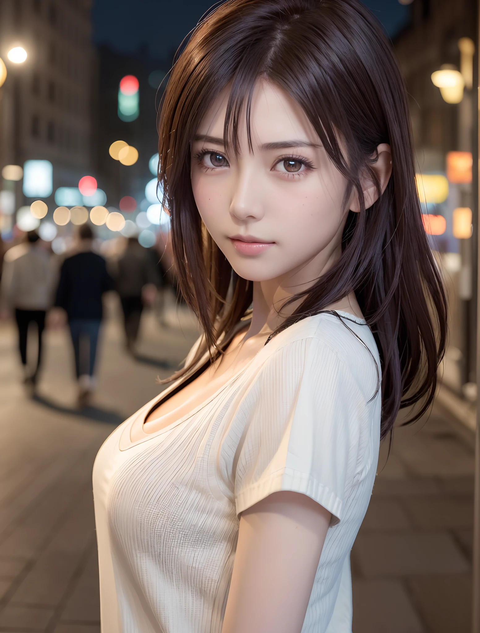 (Best Quality, High resolution, masutepiece :1.3), Pretty women, Slender figure, dark brown hair, T-shirt, (Street in city at night), Highly detailed face and skin texture, Detailed eyes, double eyelid