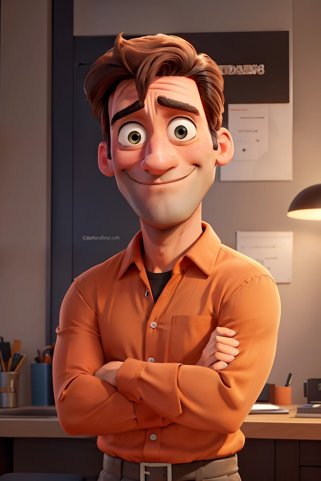 Jon Hamm, Cartoons in orange shirt and black pants, arms crossed, olhando para frente e sorrindo com os dentes aparecendo;