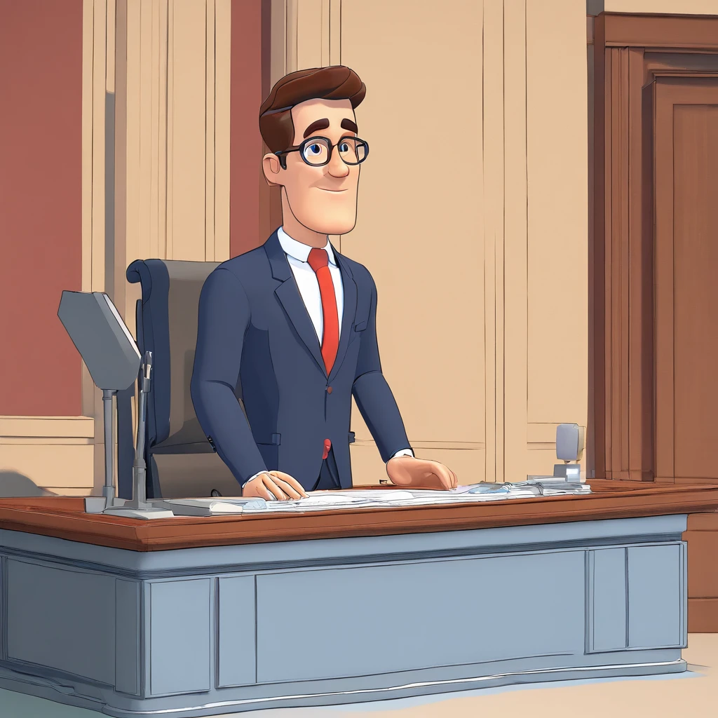 Create a pixar-inspired poster featuring the character being a prosecutor in the courtroom