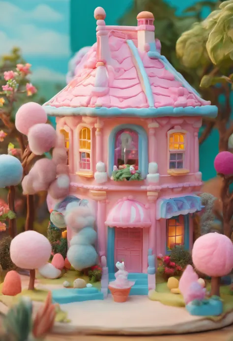 Cotton Candy House Gloria Studio, The garden is full of cotton candy, Fluffy material, Cartoonish design style, POP MART, Soft lighting, smooth lines, Tilt-shift lens, Detailed sci-fi illustrations, super realistic details, warm color,Sylvanian cat in the ...