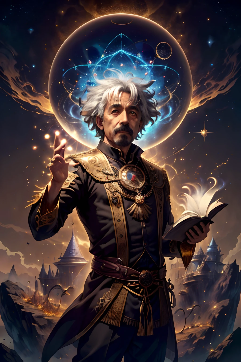 master part,best quality, albert einstein, 1homem, fantasia, Mage with grimoire,(magia:1.2), (Black hair), short hair, bigode, messy hair, Wearing a tunic with brown and gold, 4k, disco Rigido, disco Rigido, fundo de imagem que ilustre um universo Relativistico