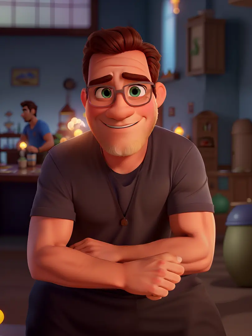 Poster no estilo Disney pixar, alta qualidade, melhor qualidade, homem sexy moreno, 40 anos cabelo grizalhos cinza, barba cinza, musculoso, sobrancelhas pretas , nariz pequeno com fundo em um restaurante a luz de velas