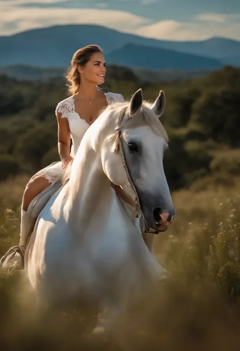 Araffe woman in a white dress standing next to a horse - SeaArt AI