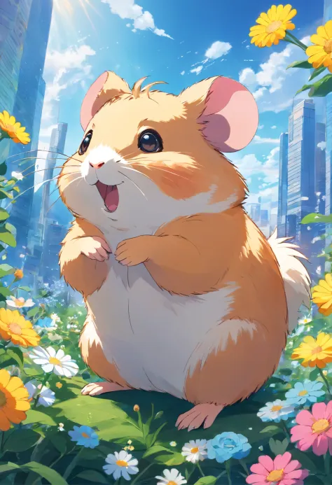 Huge hamster with flowers on its head