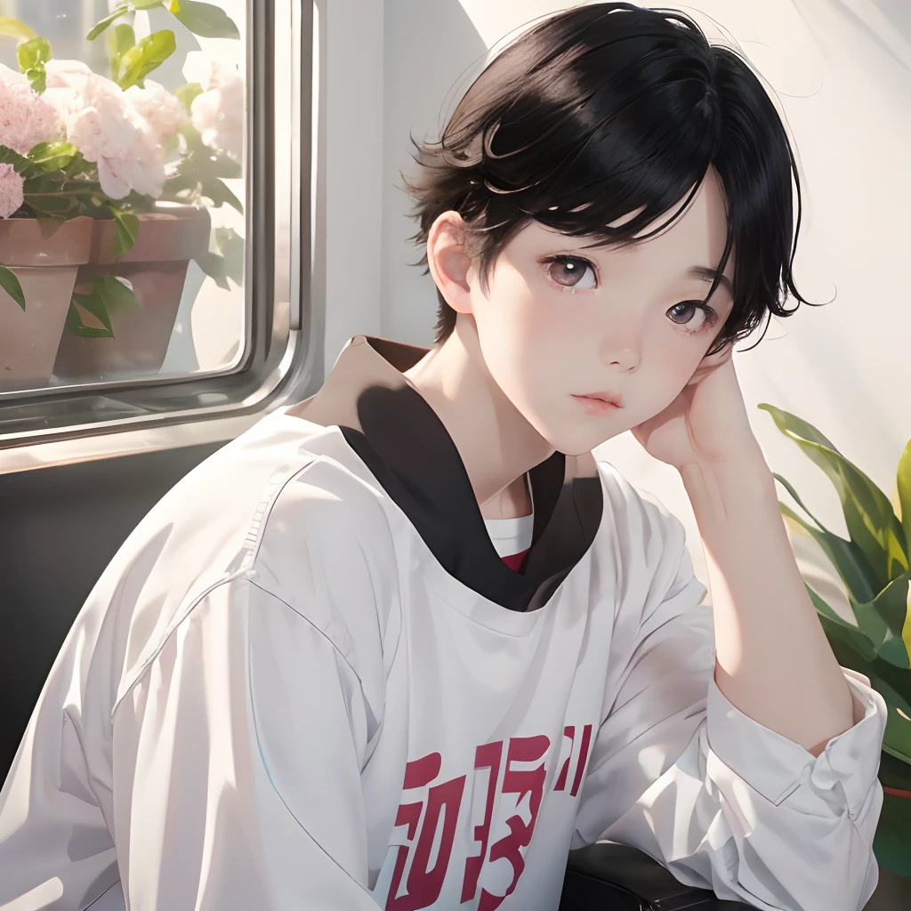 Anime boy with black hair and white shirt sitting in front of a window -  SeaArt AI