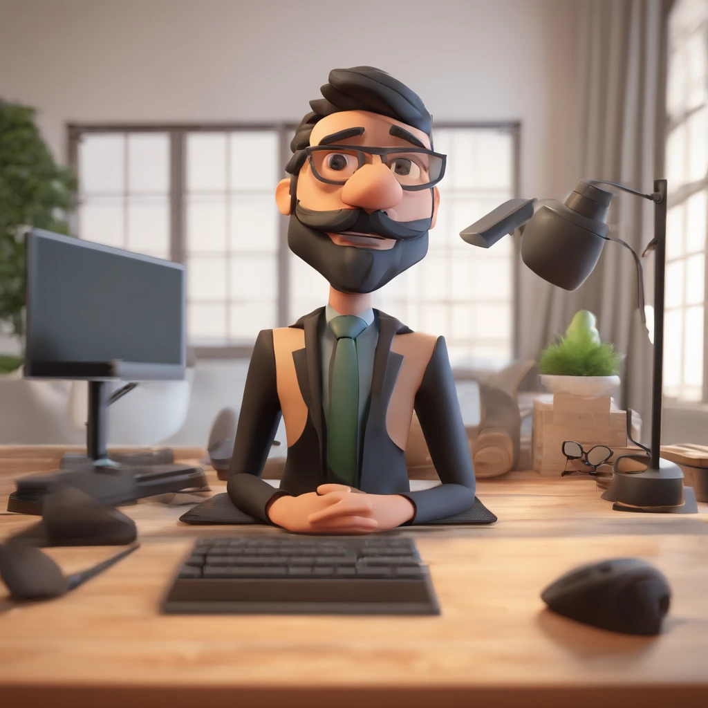 A close up of a cartoon character sitting at a desk with a keyboard -  SeaArt AI