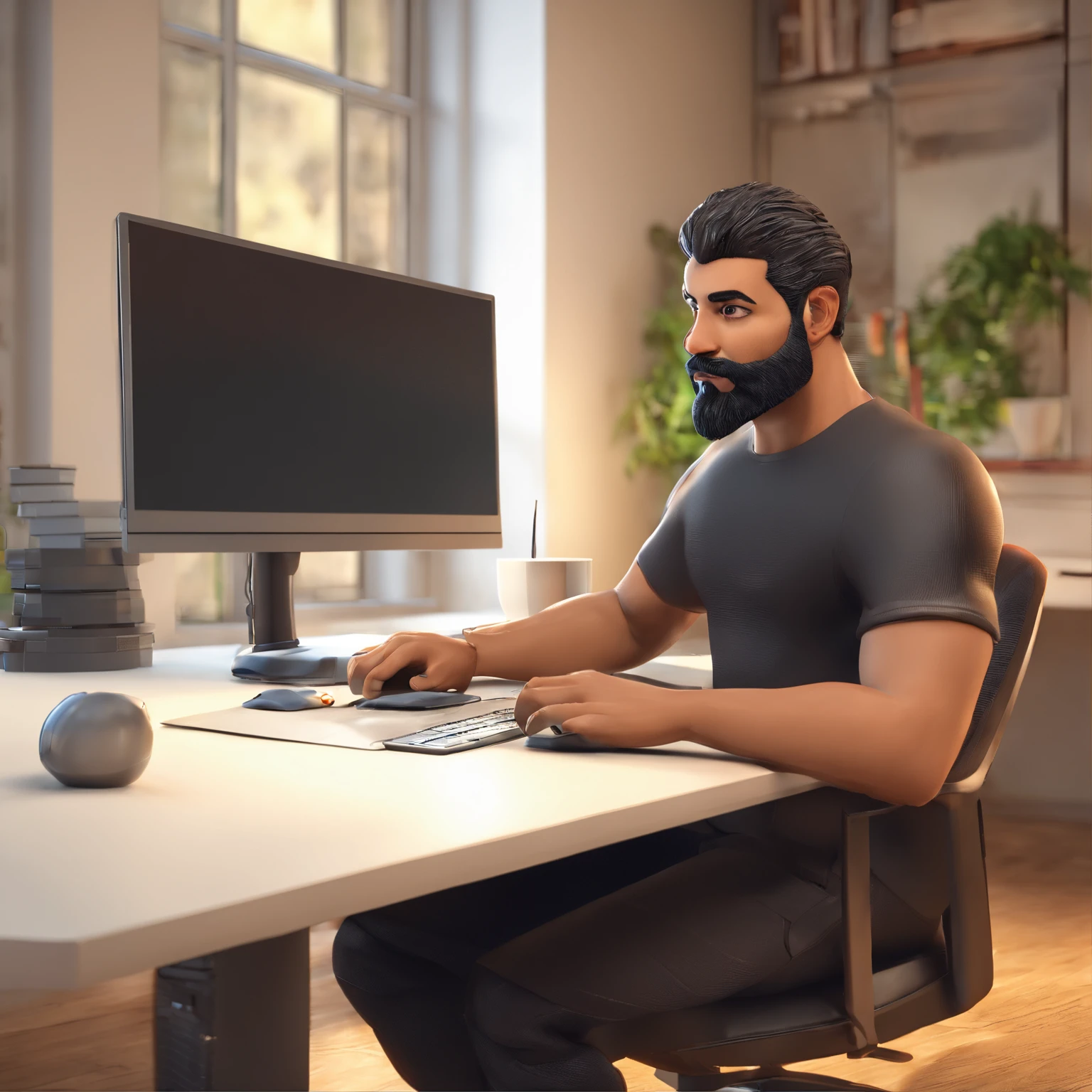 A close up of a man sitting at a desk with a computer - SeaArt AI