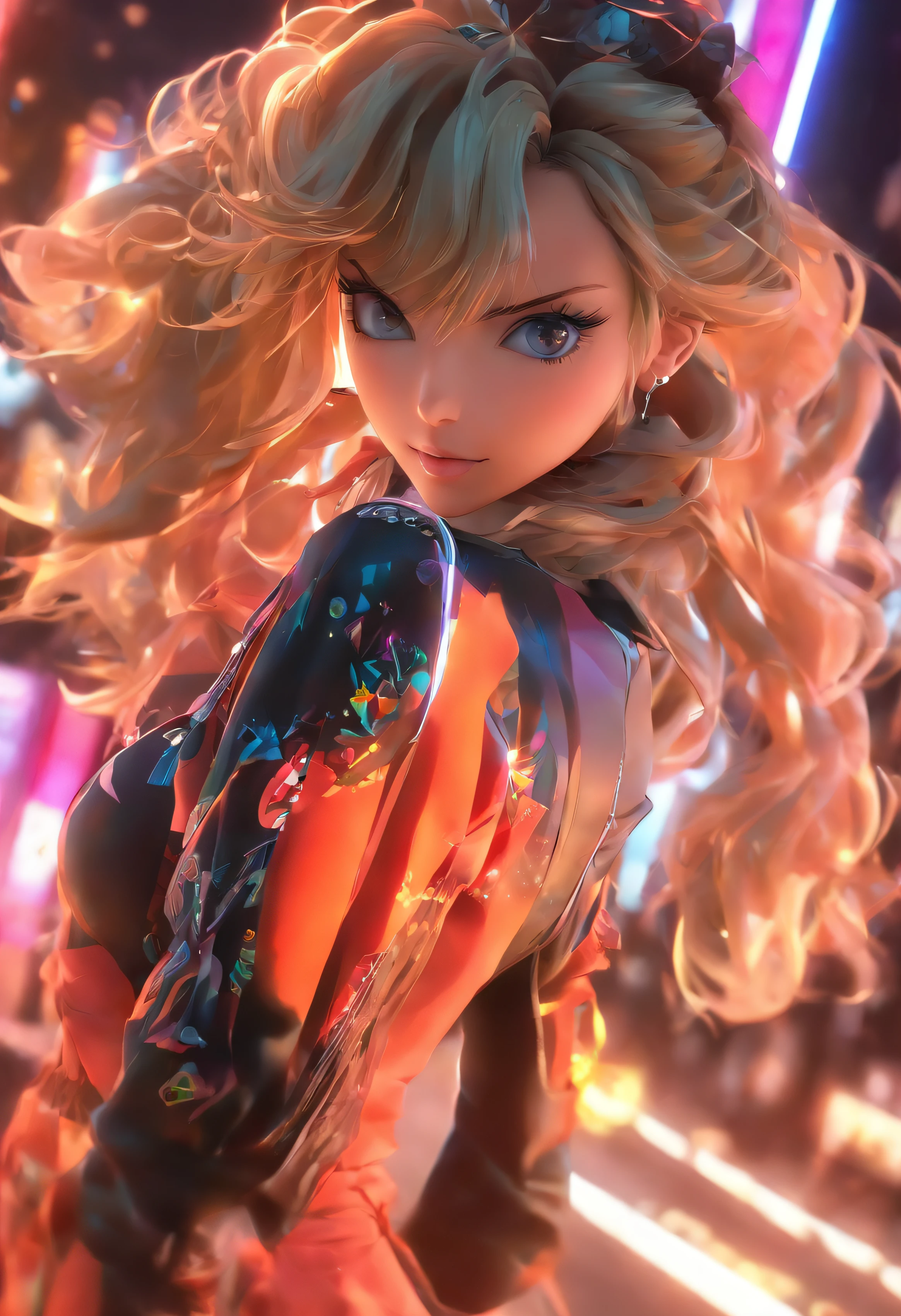 A woman with long blonde hair and a colorful dress in a city - SeaArt AI