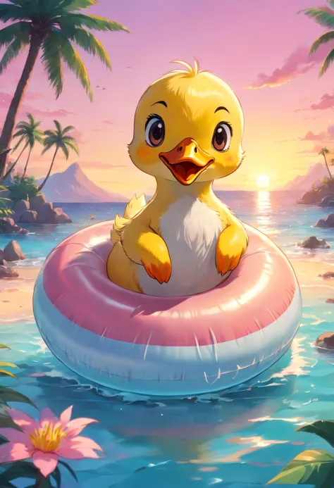Cute duckling in an inflatable ring, Beautiful sea, Sunset in pink tones , Against the backdrop of an island with palm trees, wearing glasses