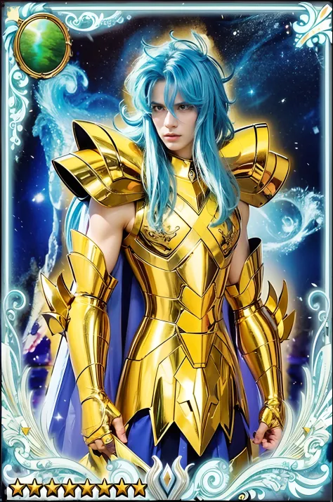 Um homem cavaleiro  com amadura dourada , cabelo azul , capa branca, armadura detalhada , Attractive manly face,  forte,obra-prima