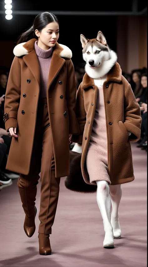 （Husky in a brown coat and a little girl in a brown coat on the runway）, （full bodyesbian：1.37） ， （Wearing a brown jacket），（Husky dogs：1.3），doggy，doggy ，Brown jacket，Brown jacket，Brown jacket，fur attire, fluffly，Wearing a pink dress，（Huskies wear the same ...