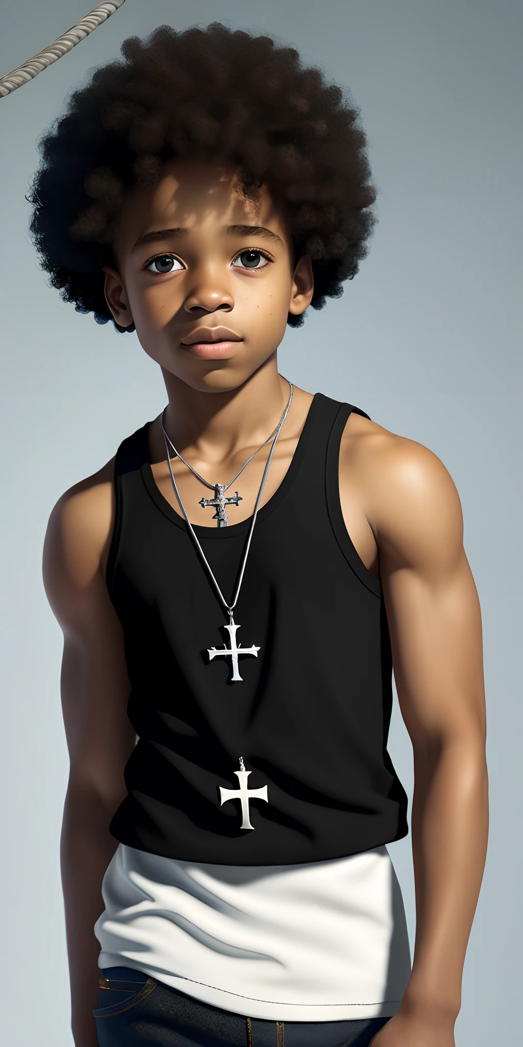 A black boy, afro curly hair, white tank top, thin silver cord with cross pendant, Disney Pixar style, high quality, best quality, Game of thrones