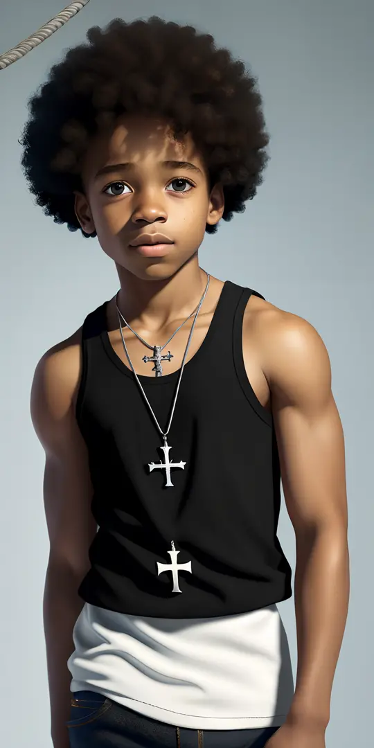 a black boy, afro curly hair, white tank top, thin silver cord with cross pendant, disney pixar style, high quality, best qualit...