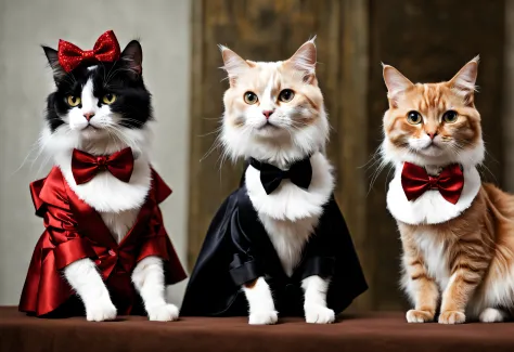 A cat fashion show (best quality, 4k, 8k, high resolution, masterpiece: 1.2), ultra detailed (realistic, photorealistic, photorealistic: 1.37), glamorous and costumed dogs, vibrant colors, catwalk, couture costumes accessories stylish, catwalk, celebrity j...