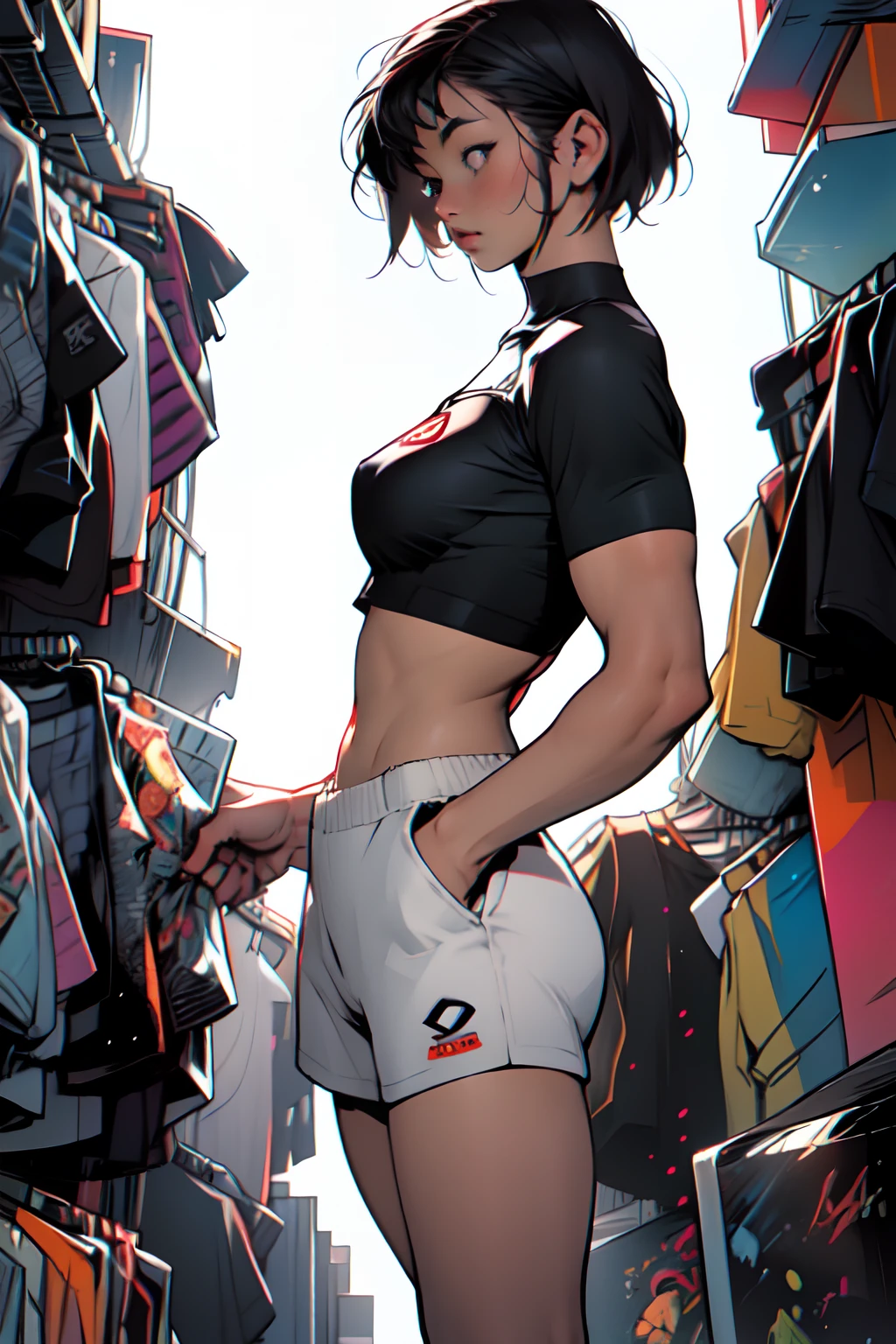 Masterpiece, best quality, high-res, extremely detailed, 1 girl 18 years old lookig very cute, in shape, fitness, (model, anorexic:1.1, very slender:0.9), female focus, woman, tomboy, marimacho, image comics style, comic book cover, (simple color background)