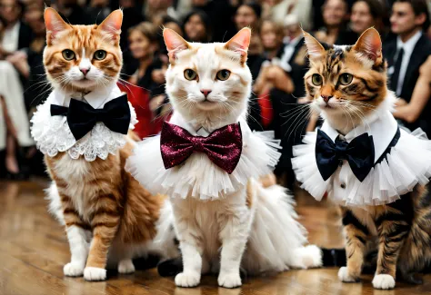 A cat fashion show (best quality, 4k, 8k, high resolution, masterpiece: 1.2), ultra detailed (realistic, photorealistic, photorealistic: 1.37), glamorous and costumed dogs, vibrant colors, catwalk, couture costumes accessories stylish, catwalk, celebrity j...