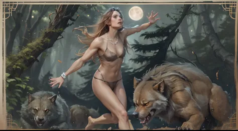 top view, forest clearance,with one beautiful woman running from one hairy werewolf stalking , realistic, high resolution, quality look, claws, menacing, brutal, feral ,not intelligent, powerful, no necklace, , illuminated by moon,