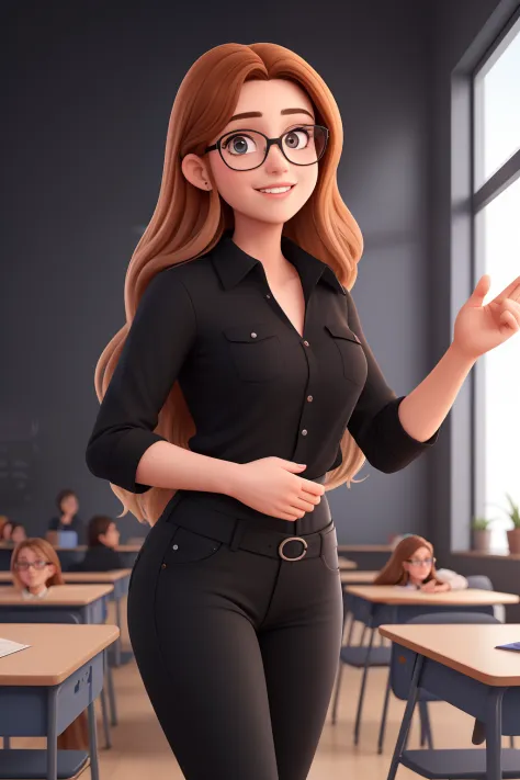Uma mulher de 30 anos, with long dark blond hair and glasses, Rosto redondo, sorriso encantador, e olhos castanhos, In a classroom, studio lighting, sign language interpreter and sign language teacher. She's wearing black clothes, blouse and black jeans