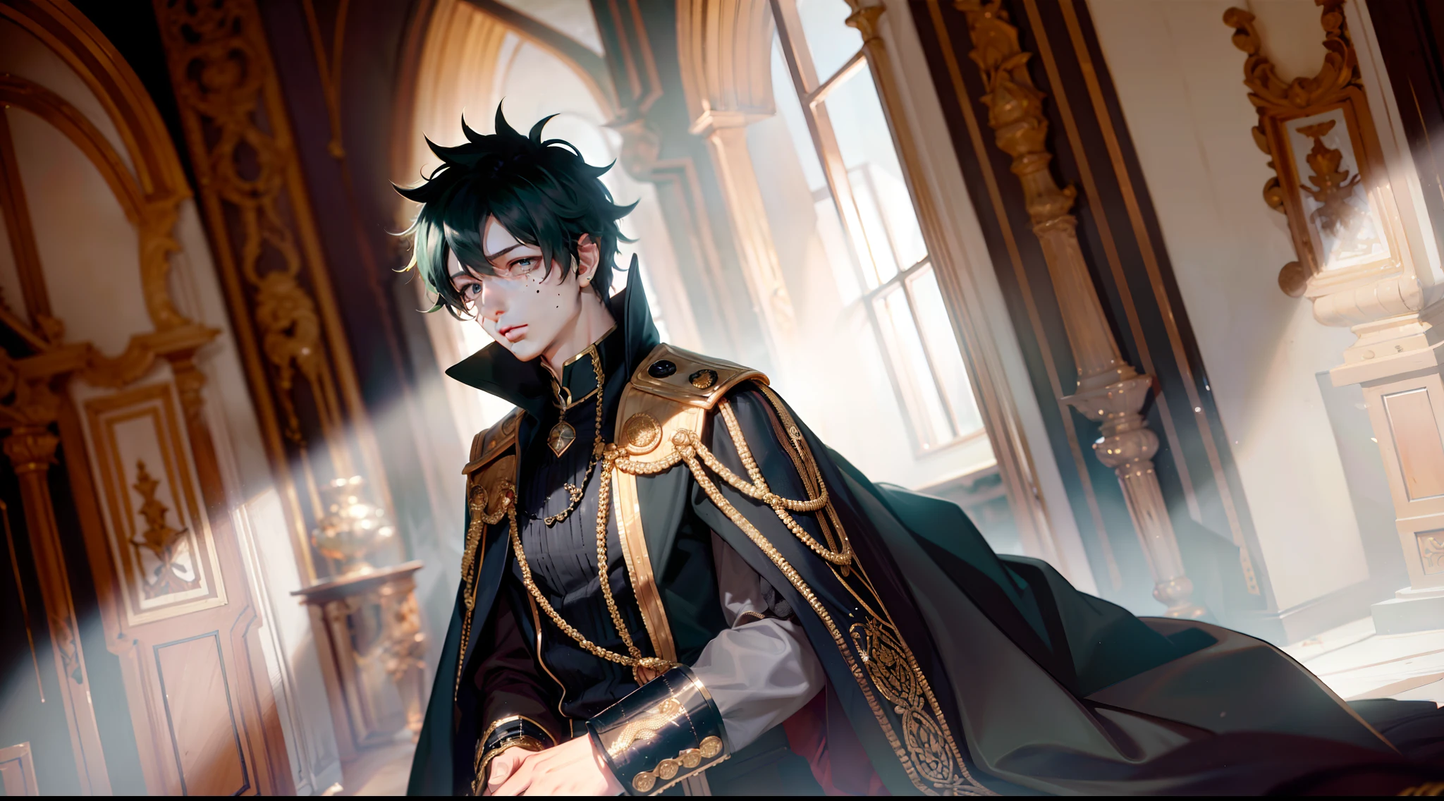 绿谷出久, he is dressed in 黑色的 prince clothes with gold details, his cape is 黑色的 and glued to the collar of his costume, 他的表情很反常, 值得注意的是，他身处一座中世纪宫殿，采用中性色彩，如: 黑色的, 灰色和白色. 这座宫殿里有大块明亮的玻璃, 发光景观. 他的眼睛是绿色的, 他的头发是深绿色, 虽然他是个成年人，但他的腰很细, 高分辨率, 杰作, 关注景观.
