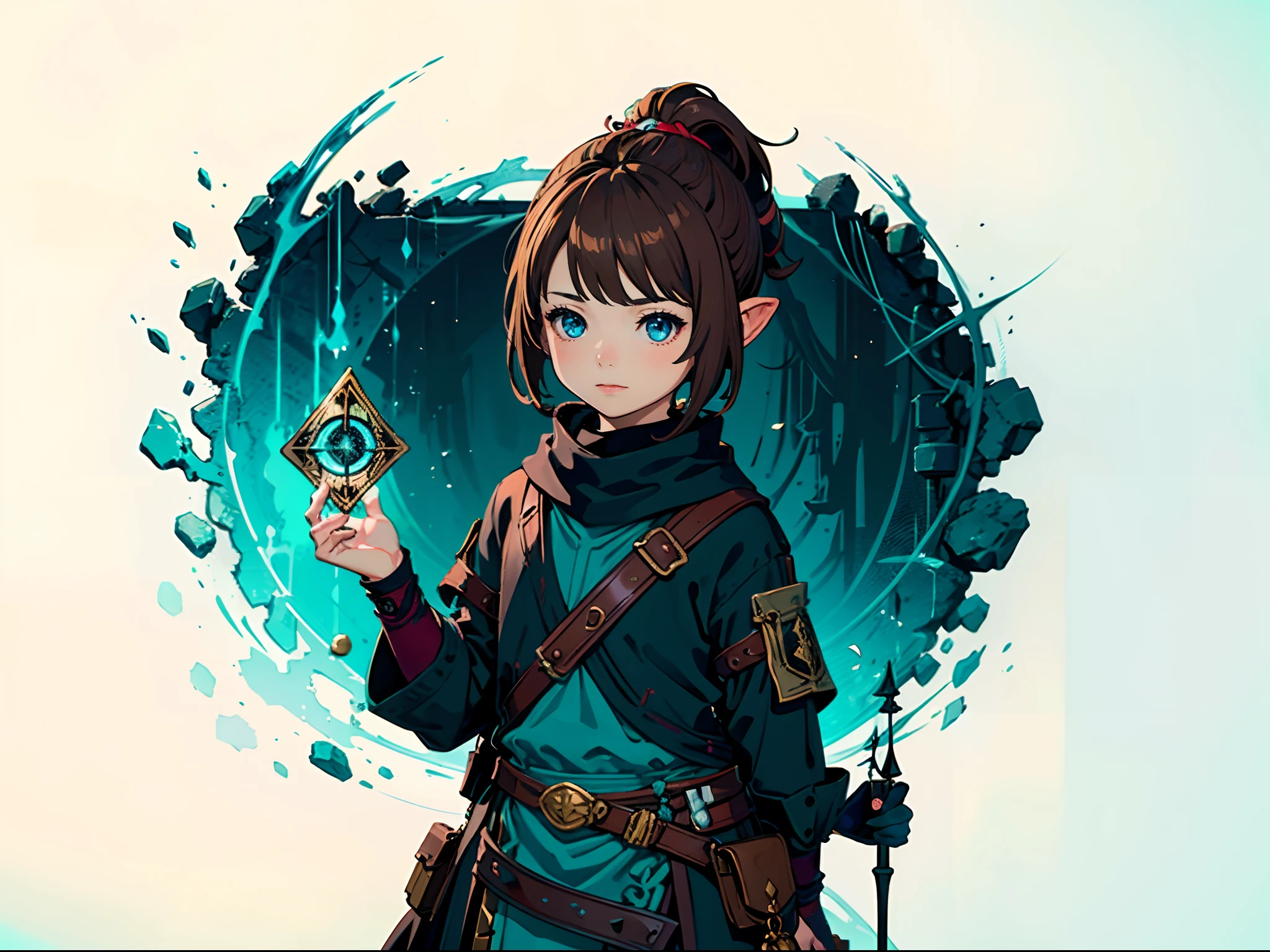 Lalafel,midget,enviable brown hair,cute blue eyes,holding tarot cards,very detailed,8k,portraits,soft color palette,and vibrant lighting.