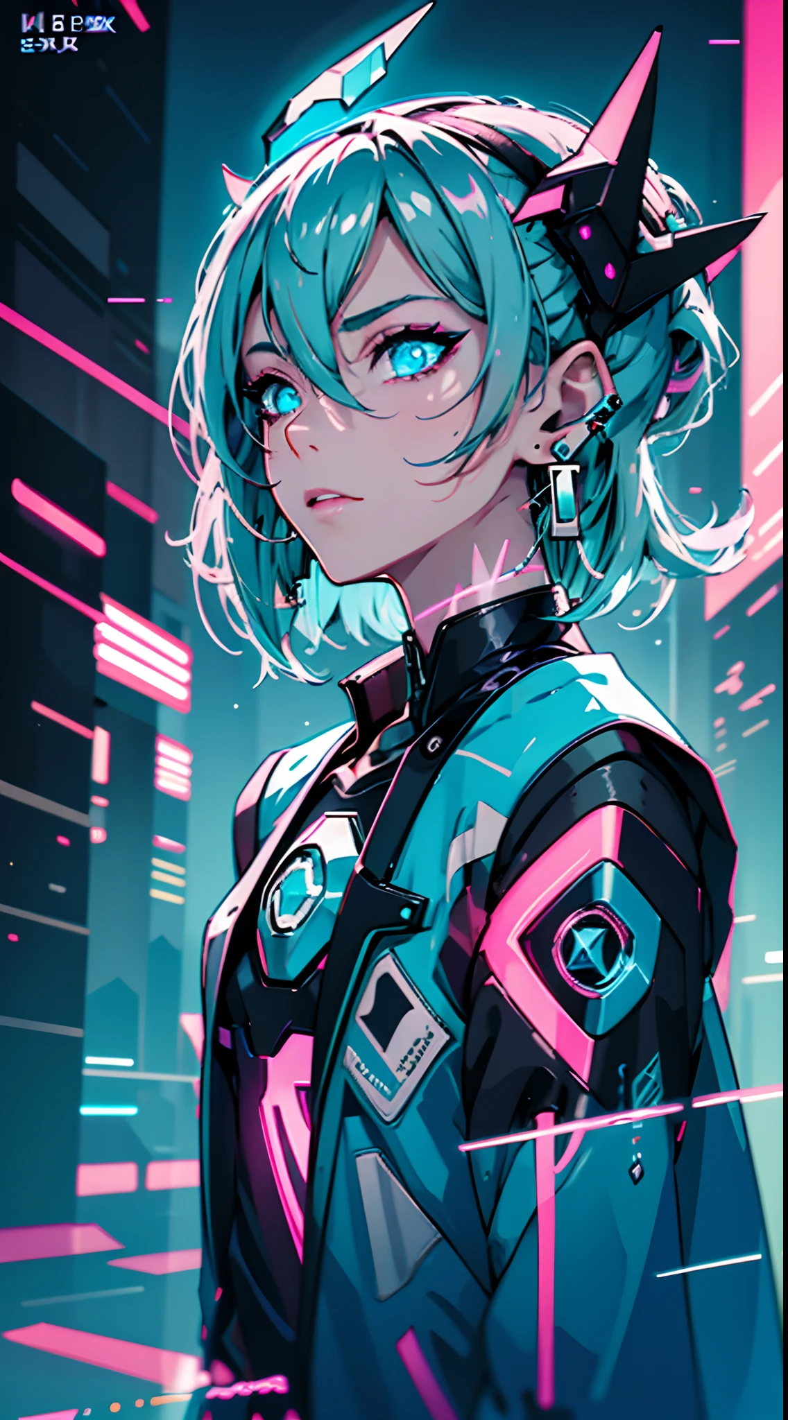 (masterpiece, best quality, night, silver hair:1.4), (cowboy shot:1.8), 8k, absurdres, beautiful girl, (wearable computer:1.6), cyberpunk, cyber goth, (cyberpunkoutfit, fluorescence pink accent, glowing pink lines on short jacket:1.4), neon, bracelets and choker, (glowing, glow, film grain, chromatic aberration:2), (asian shopping district, street, buildings, skyscraper:1.2), makeup, very small mechanical device, (cyan earrings:1.3), sharp focus, dark background, perspective, depth of field, (rain, fog, bleach bypass, HDR, facelight, sharp focus, dynamic lighting, cinematic lighting, professional shadow, extreme detailed, finely detail, real skin:0.8), (detailed eyes, sharp pupils, realistic pupils, dark back ground:0.6), (glitch effect:0.6)