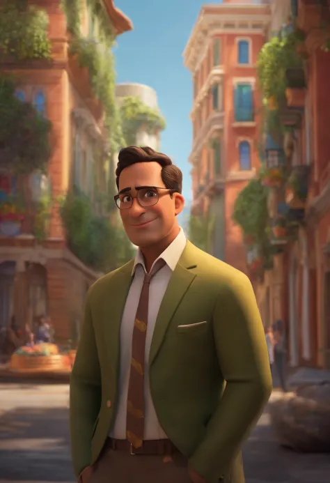A city councilman looking at a dream project inspired by Pixar animation, de perto. The character takes center stage with captivating facial expressions, oferecendo um toque de irrealidade