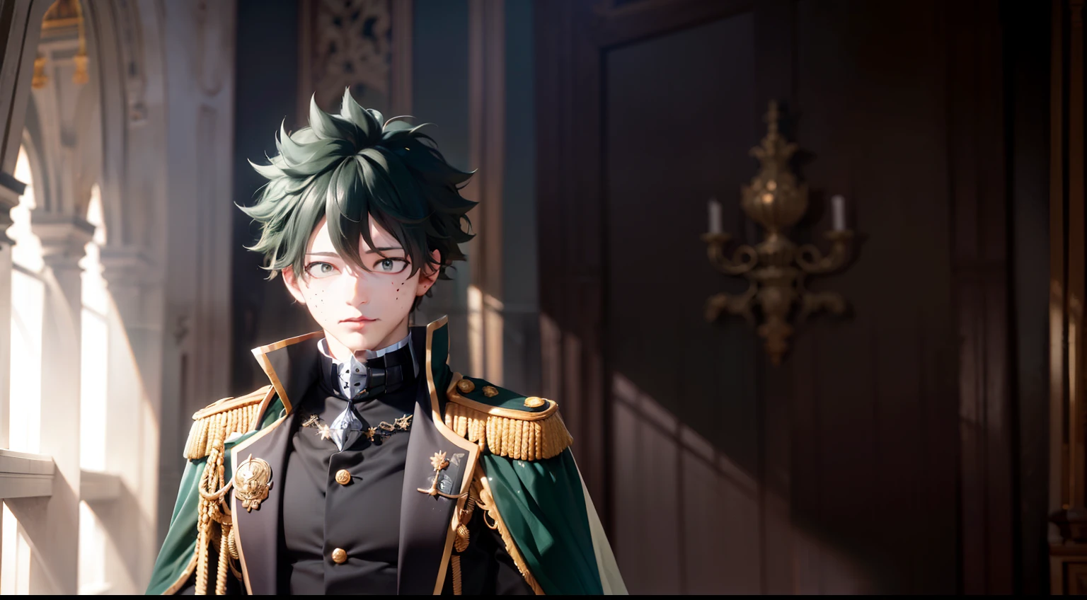 Midoriya Izuku, he is dressed in black prince clothes with gold details, his cape is black and glued to the collar of his costume, his expression is perverse, it is noted that he is in a medieval palace with neutral colors like: black, gray and white. In this palace there are large bright panes of glass, luminous landscape. His eyes are green, his hair very dark green, his waist is thin although he is a grown man, high resolution, masterpiece, focus on the landscape.