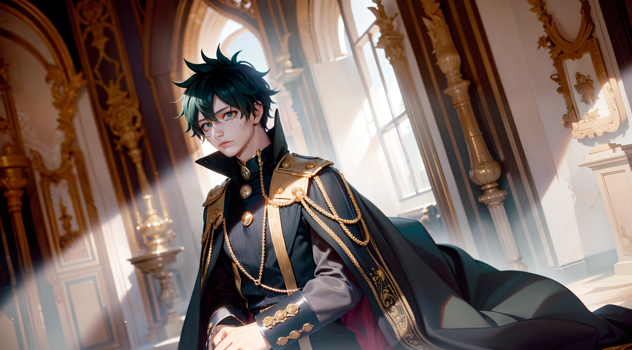 Midoriya Izuku, he is dressed in Schwarz prince clothes with gold details, his cape is Schwarz and glued to the collar of his costume, sein Gesichtsausdruck ist pervers, Es fällt auf, dass er sich in einem mittelalterlichen Palast mit neutralen Farben befindet wie: Schwarz, grau und weiß. In diesem Palast gibt es große helle Glasscheiben, leuchtende Landschaft. Seine Augen sind grün, sein Haar sehr dunkelgrün, seine Taille ist schmal, obwohl er ein erwachsener Mann ist, Hohe Auflösung, Meisterwerk, Konzentrieren Sie sich auf die Landschaft.