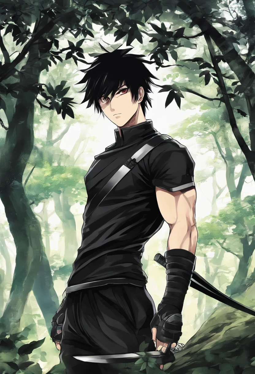 A man in black clothes holding a sword in a forest - SeaArt AI