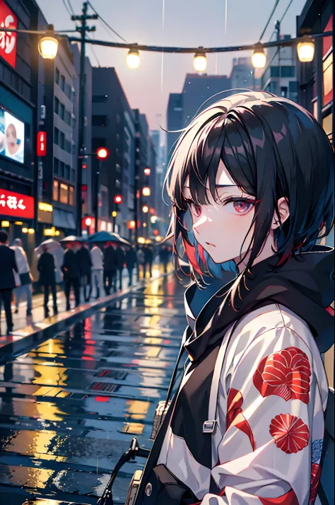 a moon, Best Quality, More details, masutepiece, (Whole body) , 1boy, kaneki ken, Portrait, Standing in the middle of the street,  Night, Male Focus,  Eyes, Solo, Bangs, Looking at Viewer, hoods, Short hair, Rain, Tokyo Tokyo \(city\),  Hood Up, nail polis...