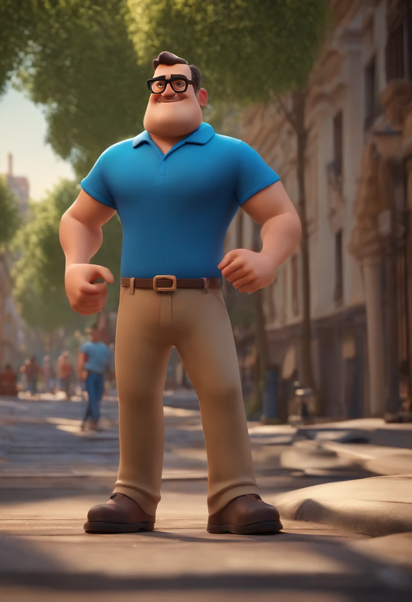 Cartoon character of a man with black glasses and a blue shirt, animation character, Caractere estilizado, animation style rendering, 3D estilizado, Arnold Maya render, 3 d render stylized, toon render keyshot, Personagem 3D, Personagem 3D, 3d rendering stylized, 3 d character render, personagem de desenho animado, Personagem de close up, Pose de personagem,  (Estilo Pixar) (master part:1.2) (Bokeh) (best quality) (pele detalhada) (textura detalhada) (8k) (argila) (Cinematic lighting) (foco nítido) (gordinho) (Inspecting paving on an avenue) (Politician)