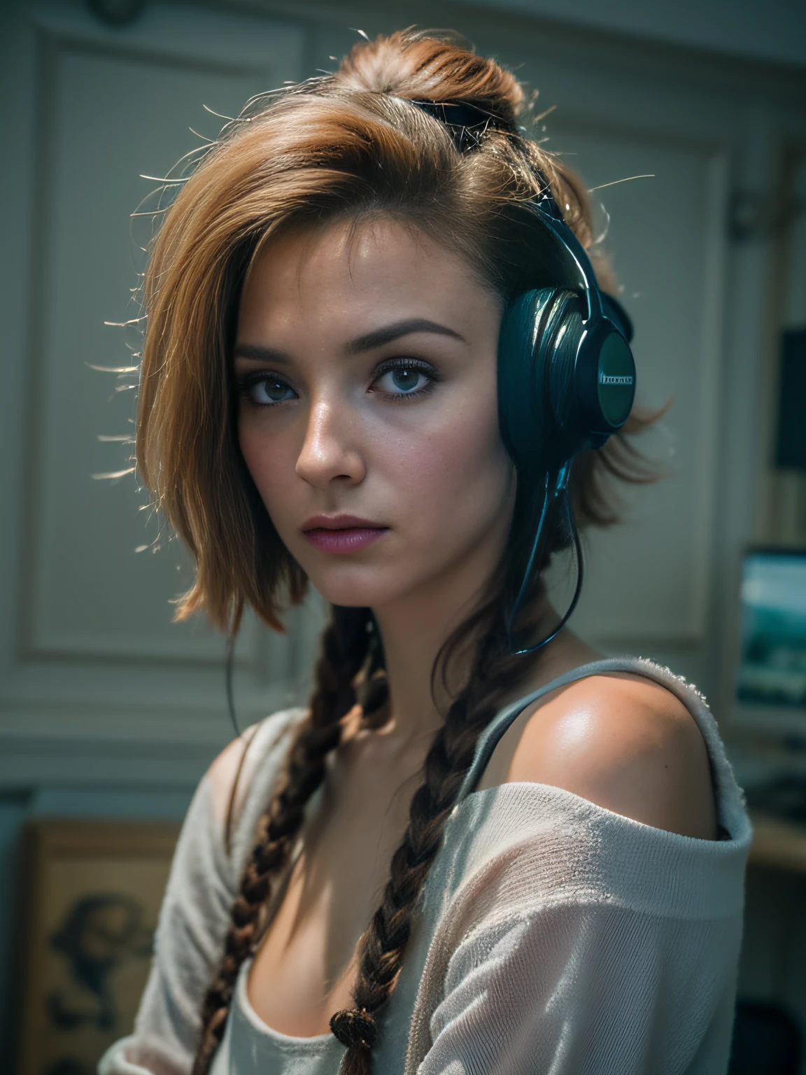 Une photographie hyper-réaliste ultra-détaillée d’une belle femme européenne dans sa chambre de gamer assise pour sa video youtube dystopique, corps entier, Cheveux longs, P Beaux yeux verts symétriques détaillés, Beau visage détaillé, Ambiance youtubeur, Détail exquis, 30 mégapixels, 4K, Reflex numérique Canon EOS 5D Mark IV, ressort 85 mm, mise au point nette, Détails complexes, longue durée d’exposition, f/8, Norme ISO 100, Vitesse d’obturation 1/125, rétro-éclairage diffus, Photographie récompensée, caméra frontale, Regarder la caméra, Monovisiones, Contraste parfait, Haute netteté, symétrie faciale, Profondeur de champ, Photographie ultra-détaillée, Lancer de rayons, Illumination globale, lisse, Ultra-haute définition, 8k, Moteur Unreal 5, Mise au point ultra nette, Photographie récompensée, Tendances dans Artstation