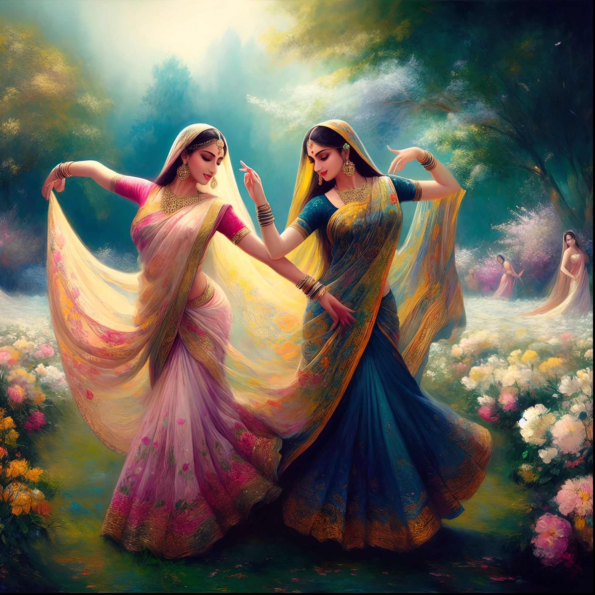 two women in colorful saris dancing in a field of flowers, indian art, dancing gracefully, dancers, painting of beautiful, beautiful depiction, dancing with each other, beautiful art, beautiful painting of friends, beautiful women, beautiful artwork, hindu art, oil on canvas painting, beautiful painting, sensual dancing, beautiful digital artwork, by Max Dauthendey