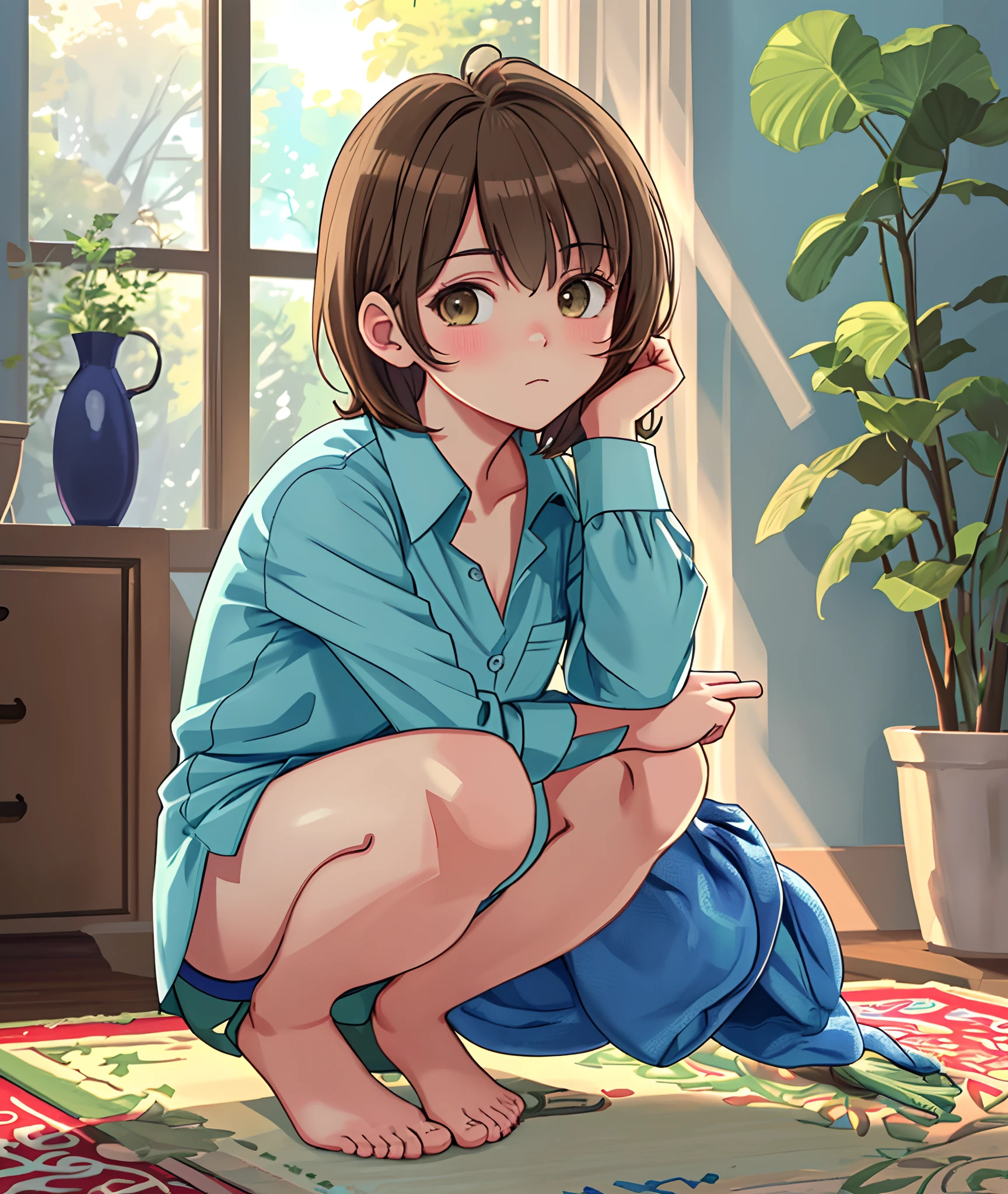 ((masterpiece)), ((best quality)), ((HD)), ((beautiful render art)), ((hentai art)), ((solo portrait)), ((full body)), ((feet visible)), ((cute anime girl)), ((detailed soft shading)), ((soft color palette)), ((intricate details)), {(cute), (short brown hair), (cute brown eyes), (short eyelashes), (beautiful legs), (beautiful feet), (blushing), (expressionless)}, {short green button-up shirt), (pantless)}, {(squatting), (head resting on hand), (looking at viewer)}, [background: (living room), (rug), (window), (blue sky), (sun rays)]