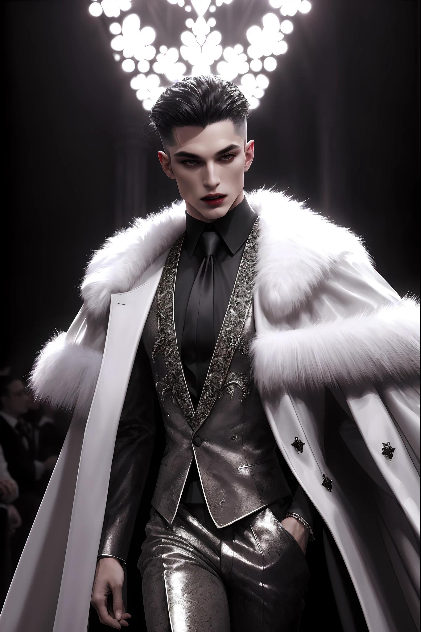 (absurdos, alta resolução, ultra detalhado), desfile de moda de modelo masculino de vampiro extremamente extravagante, rosto perfeitamente desenhado, vestindo roupas masculinas brancas luxuosas de pele de vampiro, épico, foto de corpo inteiro, iluminação cinematográfica, Detalhes intrincados, fundo da pista do modelo, iluminação perfeita, aproximando-se da perfeição, Resolução 8k