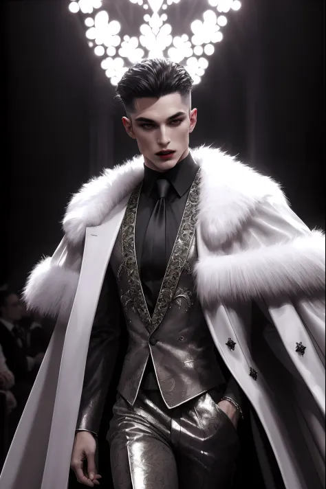 (absurdres, highres, ultra detailed), extremely extravagant Vampire male runway model fashion show, perfectly drawn face, wearin...