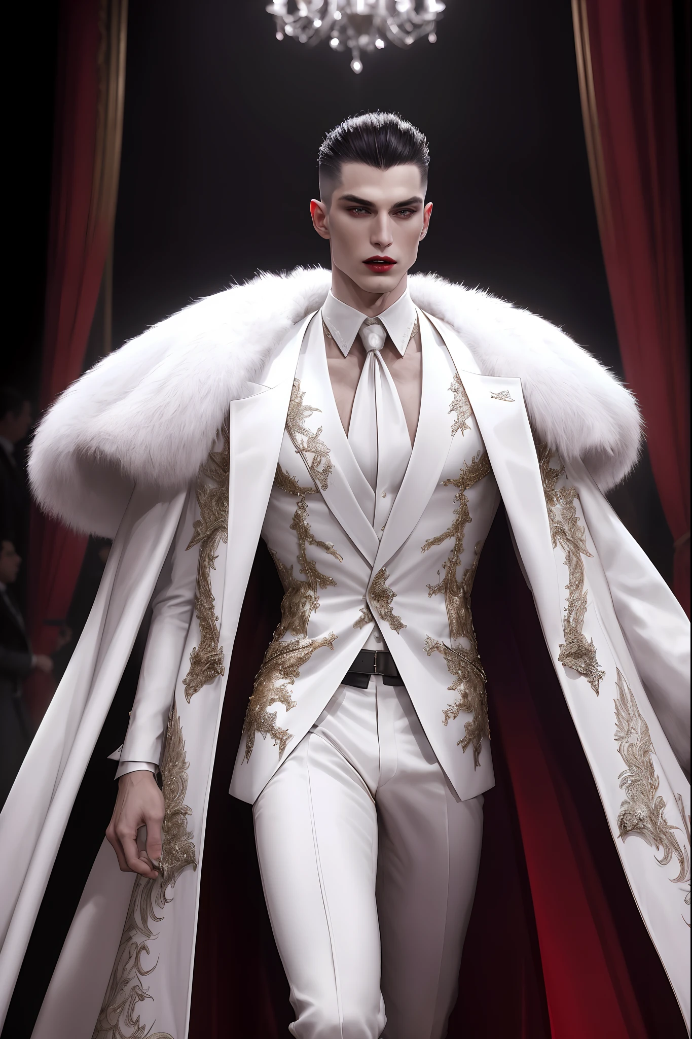 (absurdes, haute résolution, ultra détaillé), défilé de mode de mannequin masculin vampire extrêmement extravagant, Visage parfaitement dessiné, portant des vêtements pour hommes en fourrure de vampire de luxe blanche, épique, Photo du corps entier, éclairage cinématographique, Détails complexes, fond de piste modèle, éclairage parfait, Approche de la perfection, Résolution 8k