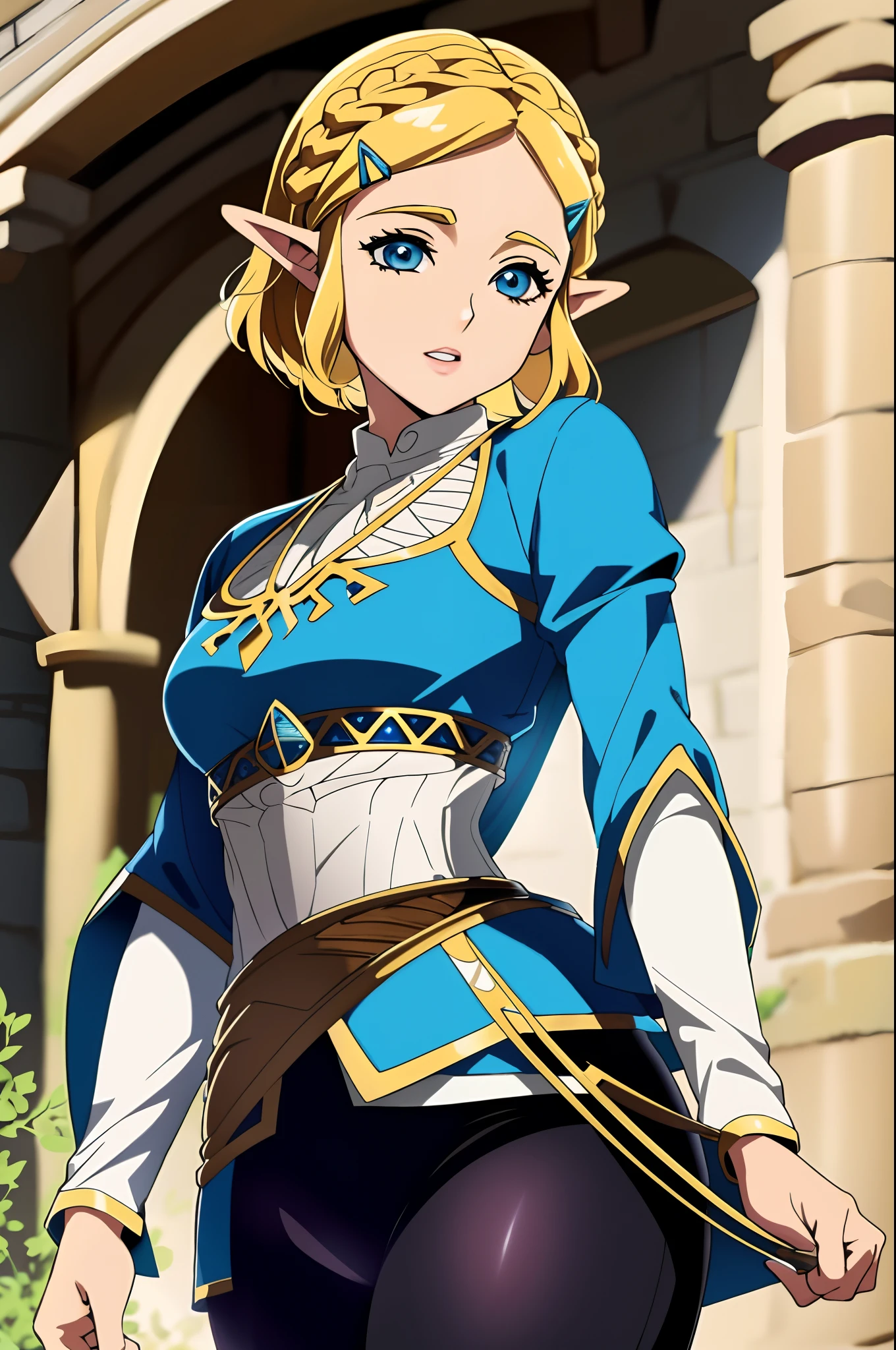 best quality, olhos expressivos, rosto perfeito, short hair, blonde girl, Onze, Zelda Princesa, roupas de princesa zelda, A Lenda de Zelda, Totk, black pants,