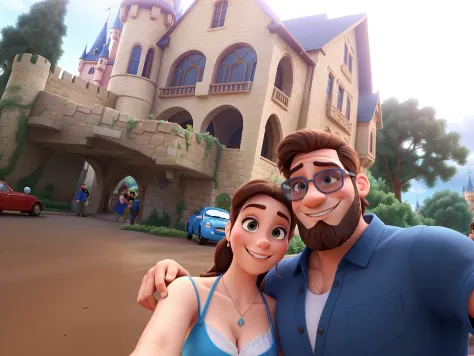 Beautiful couple having fun Disney pixar style and in the background a castle put beard on the man and sunglasses