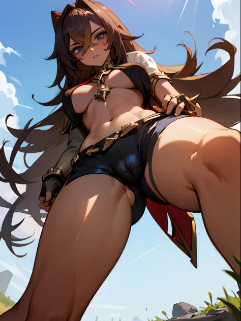 Anime giantess, giant breasts, gigantic breasts, giantess, masterpiece, best quality, flawless skin, detailed eyes, anime giantess, large chest, big breasts, thigh thighs, camel toe, massive chest, dark brown hair, long hair, blonde highlights, light blue ...