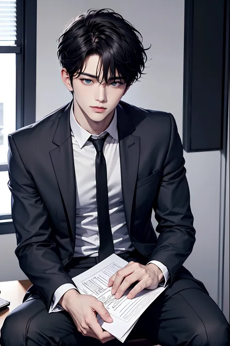 a handsome man sits in front of his work，sign the document，solo person，in a office，blue color eyes，with short black hair，（a neat...