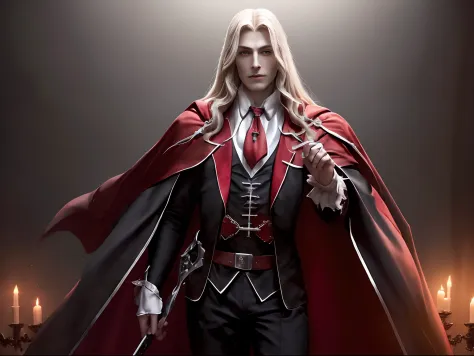 (((dracula)))8k,((from Castlevania)((elegante))(((red cape)))caliente, hermoso,((alucard)),(((viste ropa ajustada )))((tiene una...